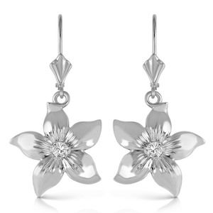 14K. SOLID GOLD LEVERBACK FLOWERS EARRING WITH DIAMOND (White Gold)